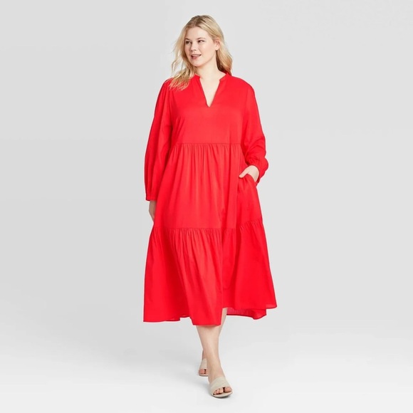 Who What Wear Red Midi Tiered Flowy Dress - Picture 1 of 10